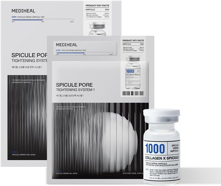 Mediheal Micro Needle Serum and Collagen Gel Mask set components displayed for skin texture improvement.