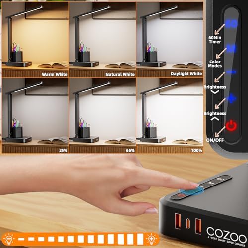 Cozoo adjustable table light showing flexible foldable arm and touch control interface