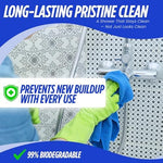 Streak free shine results on bathroom tiles after using Oh Yuk deep cleaning spray.