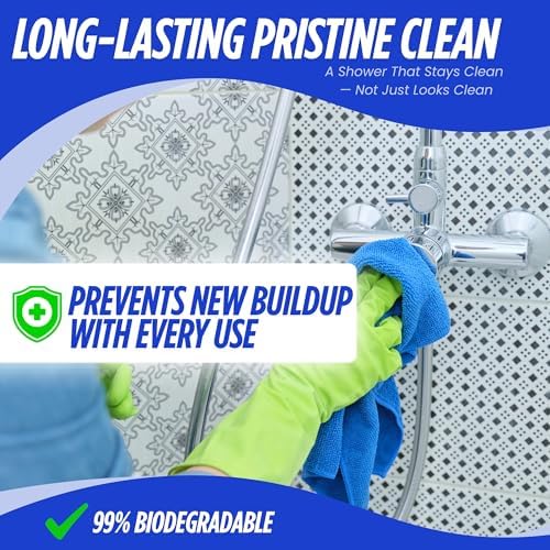 Streak free shine results on bathroom tiles after using Oh Yuk deep cleaning spray.