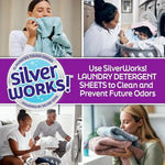 SilverWorks laundry detergent sheets box standing on a shelf in a clean laundry room