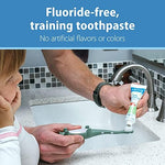 Safe to swallow baby oral health toothpaste showing 1.4 ounce weight.