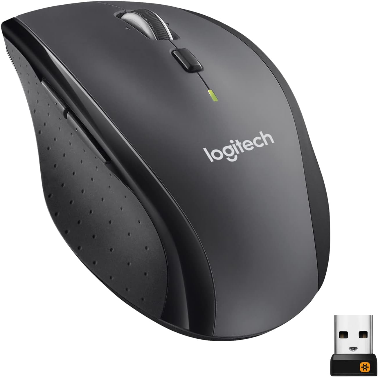 Logitech M705 Marathon wireless mouse front view showing black ergonomic right-handed body shape