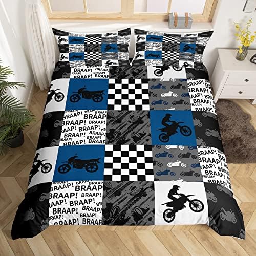 Close up view of the hidden zipper closure and corner ties on the blue and black motorcycle duvet cover