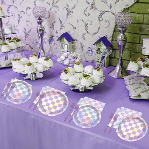 Top down view of iridescent checkered disposable party tableware