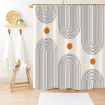 GKLEASG modern abstract bathroom curtain showing the rust resistant metal grommets and plastic hooks installed on a rod.