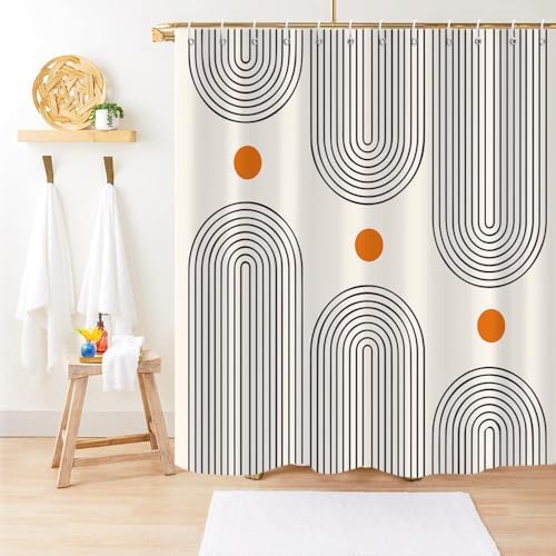 GKLEASG modern abstract bathroom curtain showing the rust resistant metal grommets and plastic hooks installed on a rod.