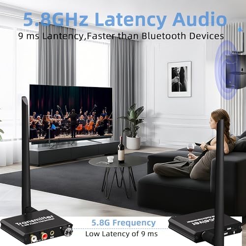 YEUGICEO low latency audio transceiver setup showing connection to an active home theater soundbar