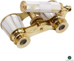 Mother of pearl opera glasses placed inside the decorative engraved wooden storage box