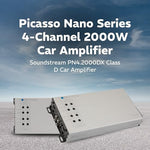 Soundstream Picasso Nano 4 channel car audio amplifier top angle showing the premium hybrid aluminum alloy heatsink.