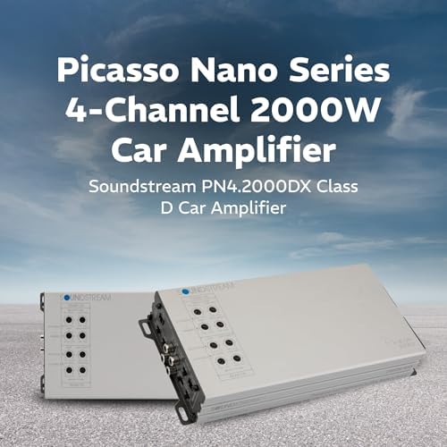 Soundstream Picasso Nano 4 channel car audio amplifier top angle showing the premium hybrid aluminum alloy heatsink.