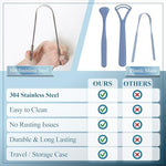 Multicolor travel cases open showing the premium stainless steel tongue scrapers inside safely.