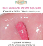 Etude hydrating lip gloss formula applied on lips showing a glassy finish