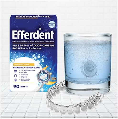 Side view of Efferdent 126 count box highlighting antibacterial properties.