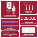 Dental adhesive kit with micro brushes and precision tip for gap filling.
