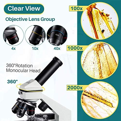 Microscope for Kid Student Adult, 100X-2000X Compound Monocular Microscope with Mechanical Platform Slides Set, Phone Adapter for School Home Education - Image 4