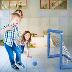 Children playing indoor knee hockey game with plastic sports starter kit