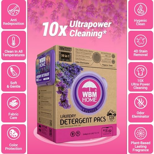 WBM laundry detergent pods packaging showing 128 count size and lavender scent details.