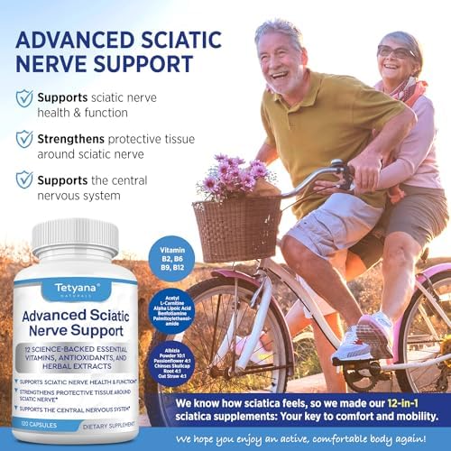 Back label of Tetyana Naturals Advanced Sciatic Nerve Support displaying full supplement facts and benfotiamine content