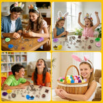 A variety of mechanical IQ games and mind-bending puzzle toys displayed next to open Easter eggs.