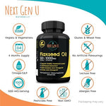 Flaxseed oil vegan softgels 120 count bottle displaying heart and skin health benefits