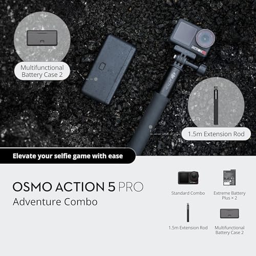 DJI Osmo Action 5 Pro displaying the 50 piece accessory kit components.