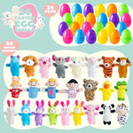 Plush animal finger puppets emerging from open hinged plastic toy shells