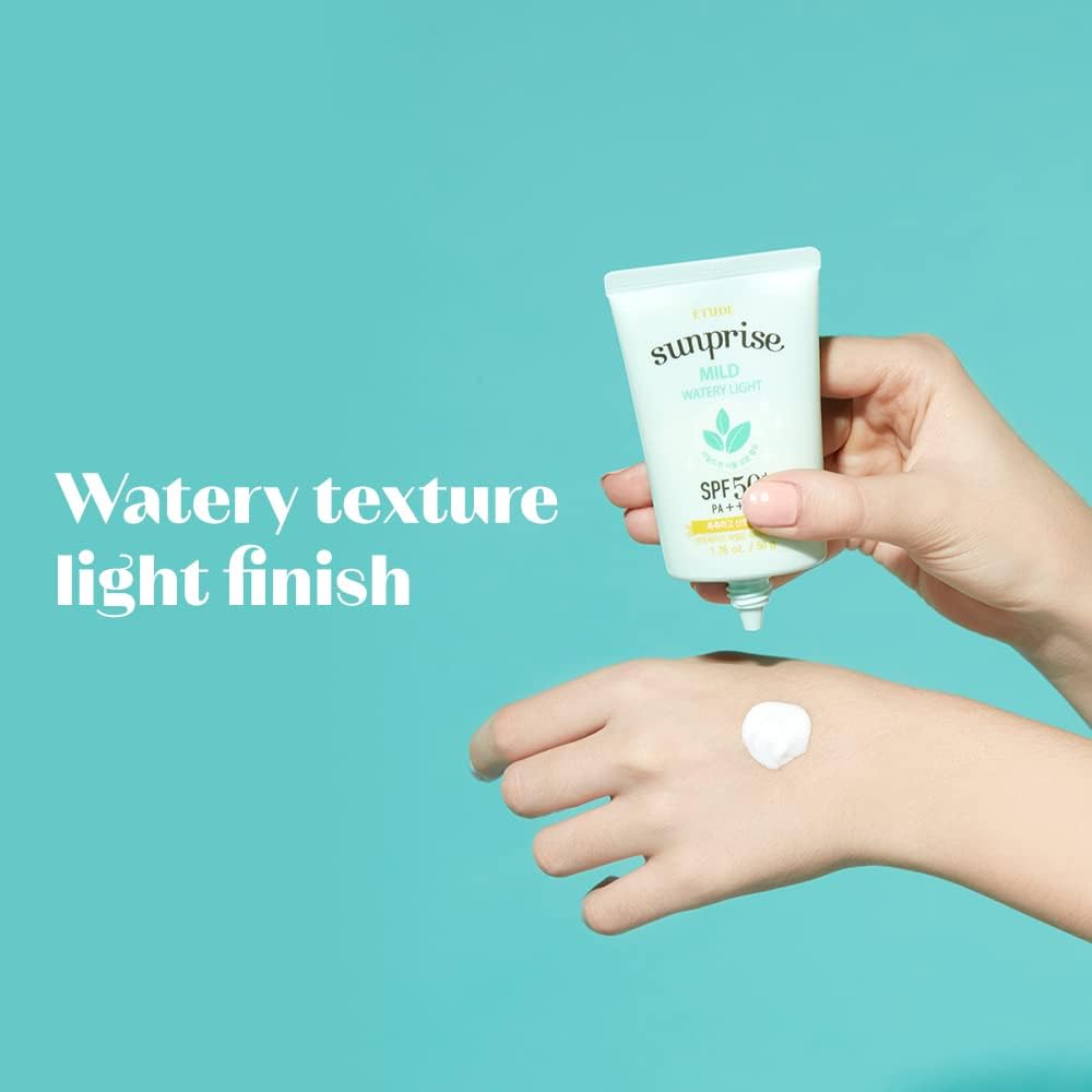 Lightweight fluid texture of ETUDE Sunprise Mild Weightless sunscreen being applied to skin