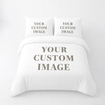 SENSING personalized photo bedding front view displaying a custom printed couple portrait duvet cover on a queen size bed.