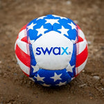 Detailed view of faux leather texture and stitching on training ball