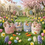 Toddler holding the soft handles of the pink MBBEST custom storage bag during an egg hunt