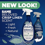Using Downy odor eliminator and static remover spray on wrinkled clothing items.