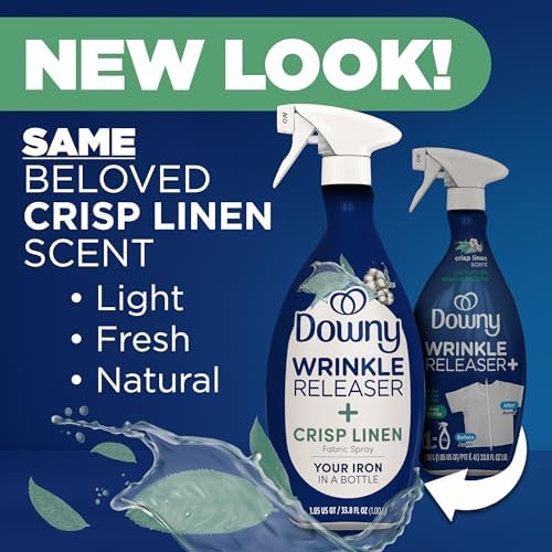 Using Downy odor eliminator and static remover spray on wrinkled clothing items.