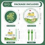 Greencian golf party supplies kit highlighting the green plastic forks and checkered pattern design napkins.