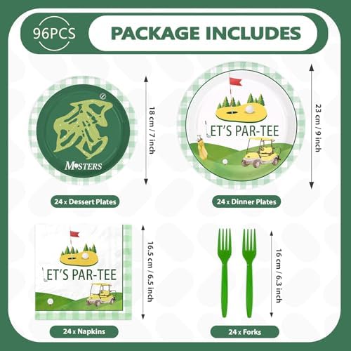 Greencian golf party supplies kit highlighting the green plastic forks and checkered pattern design napkins.
