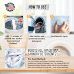 ACTIVE brand laundry additive being poured into a washing machine for odor elimination.