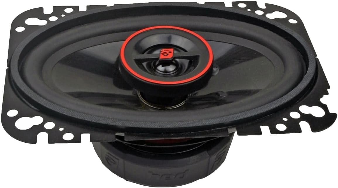 Close-up view of the PEI dome tweeter and branded speaker logo