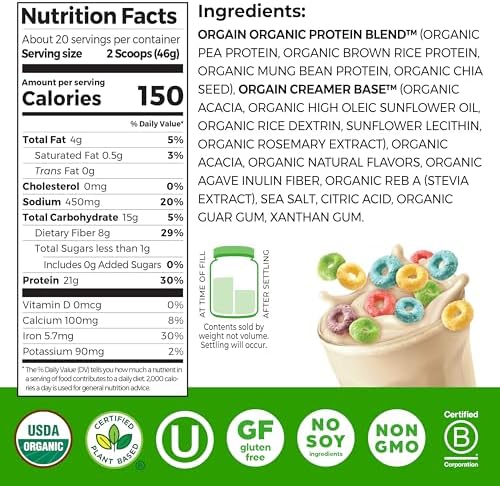 Orgain plant based protein powder scoop and powder texture