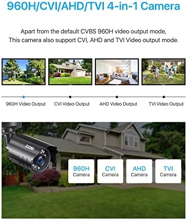 ZOSI waterproof outdoor bullet security camera side profile detailing metal housing.