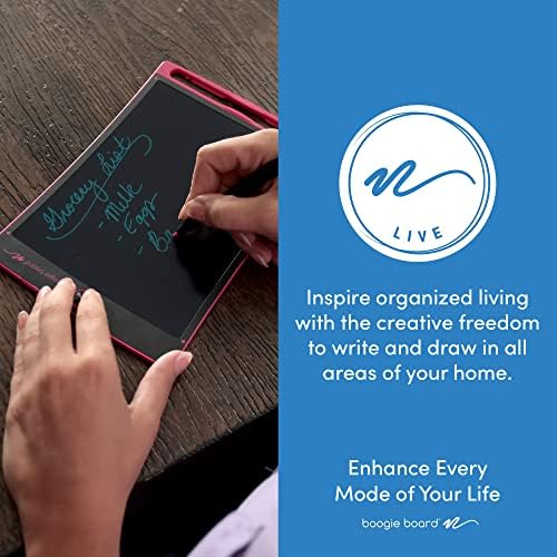 Boogie Board Jot 8.5 eWriter standing horizontally on a table using the stylus as a kickstand