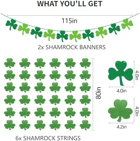 Close up view of the green glitter paper clover garland texture and material.