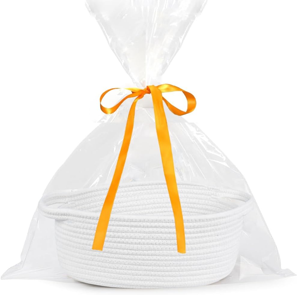 ABenkle small cotton rope empty gift basket front view with white woven texture.
