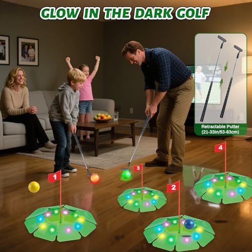 Child using Vatos telescopic golf putter on carpet