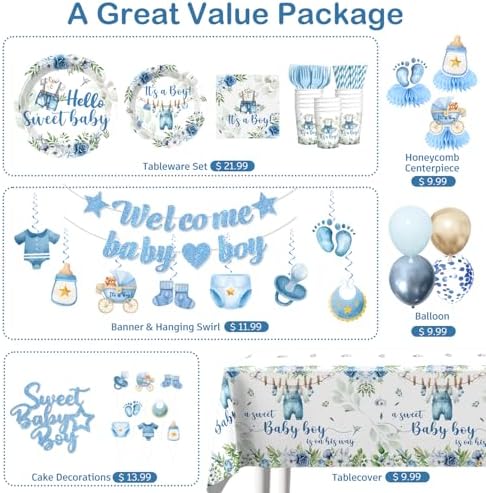 Cocomigo baby boy party banner and honeycomb centerpieces