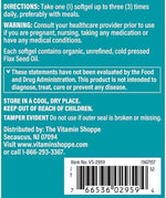 The Vitamin Shoppe organic omega 3 supplement bottle showcasing the allergen free certifications and unrefined formulation details.