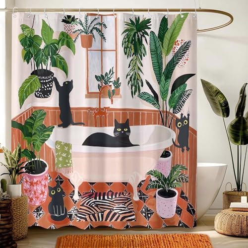 Fowocu cute kitten bath curtain close up of waterproof polyester fabric and tropical leaves design
