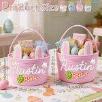 Customized pink Easter bag arranged as festive nursery decor on a child playroom shelf.