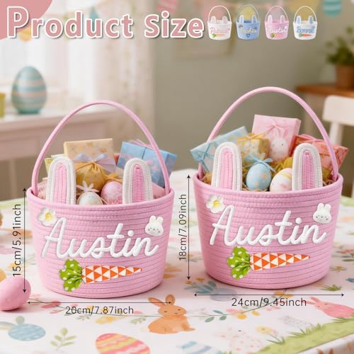 Customized pink Easter bag arranged as festive nursery decor on a child playroom shelf.