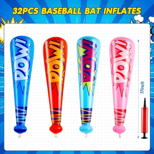 Assorted colors of Seematn inflatable baseball bats including red and blue