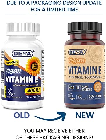 DEVA Vegan Vitamin E dietary supplement packaging showing supplement facts and four mixed tocopherols list